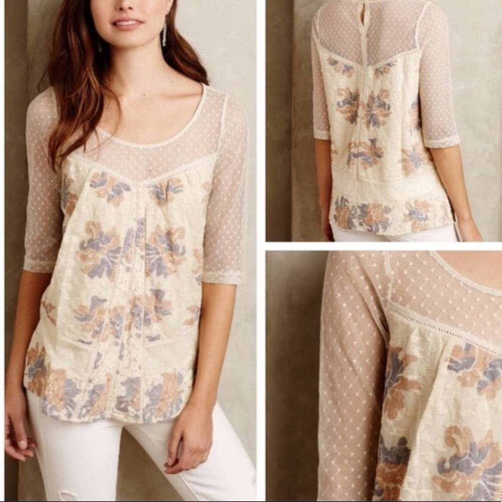 Anthropologie mesh top sweet heart neckline floral